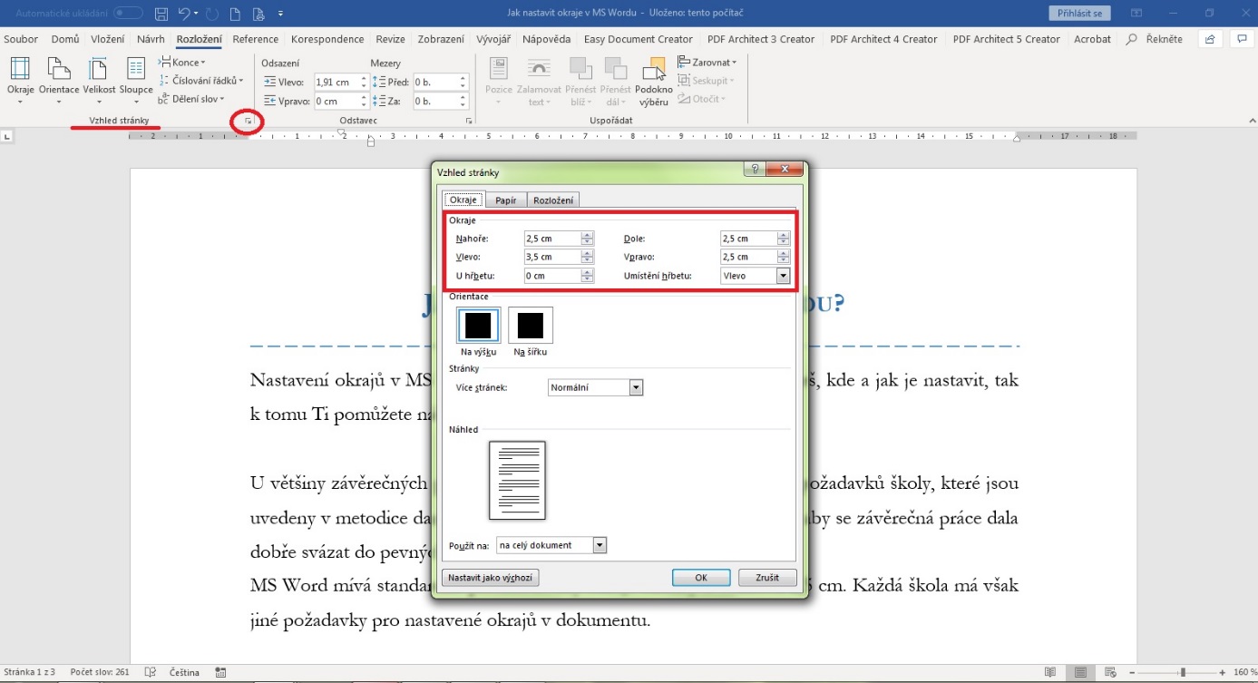 Jak nastavit okraje dokumentů?